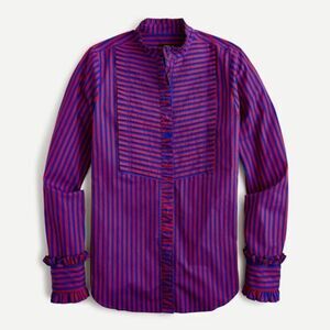 J. Crew Ruffle-Trim Tuxedo Shirt In Stripe Button Up Red Blue Size XS NWT